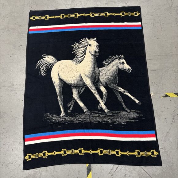 Vintage San Marcos Horses Blanket 76" x 54" Black Pink Reversible w/Tag Western - Picture 1 of 3